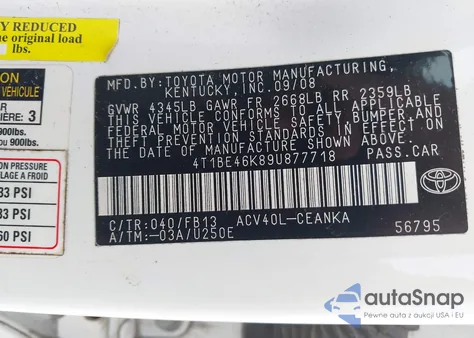 2009 Toyota Camry Le из США, поврежденный, VIN 4T1BE46K89U877718